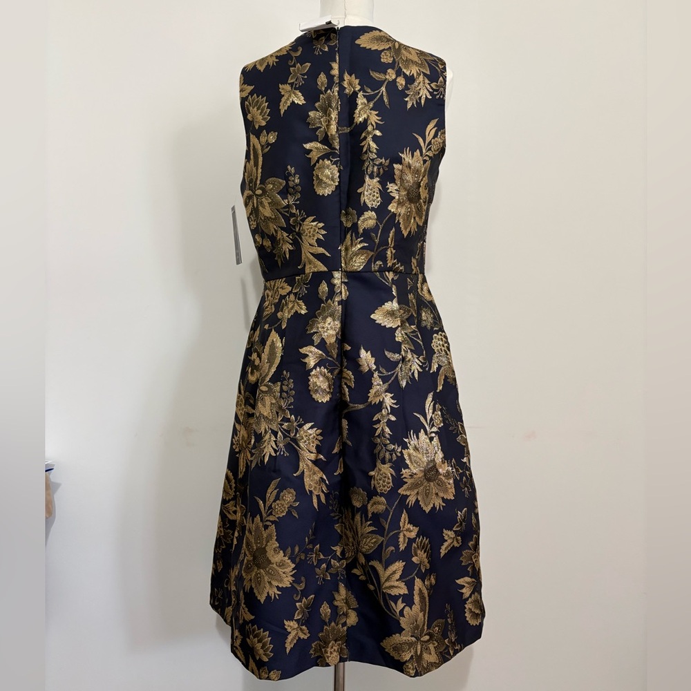 Navy and Gold Floral Midi Dress - Sleeveless Fit & Flare - Picture 2 of 4